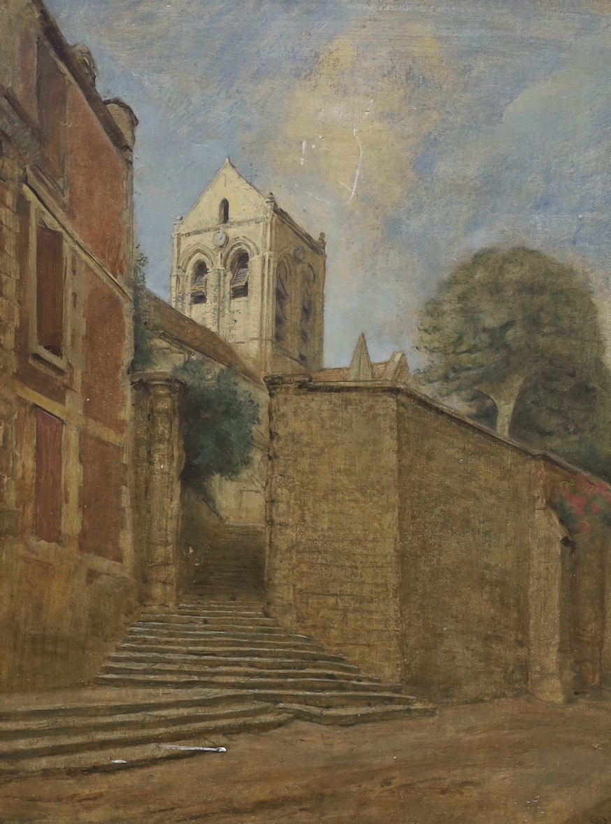 Charles Louis Geoffroy-Dechaume (French, 1877-c.1940), oil on board, 'Church at Auvers, Seine et Oise', monogrammed and inscribed verso, 68 x 52cm